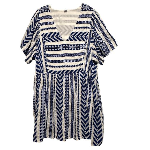 Old Navy V-Neck Swing Dress Womens Size 3X Blue White Jacquard Aztec Boho Mini - Picture 2 of 8